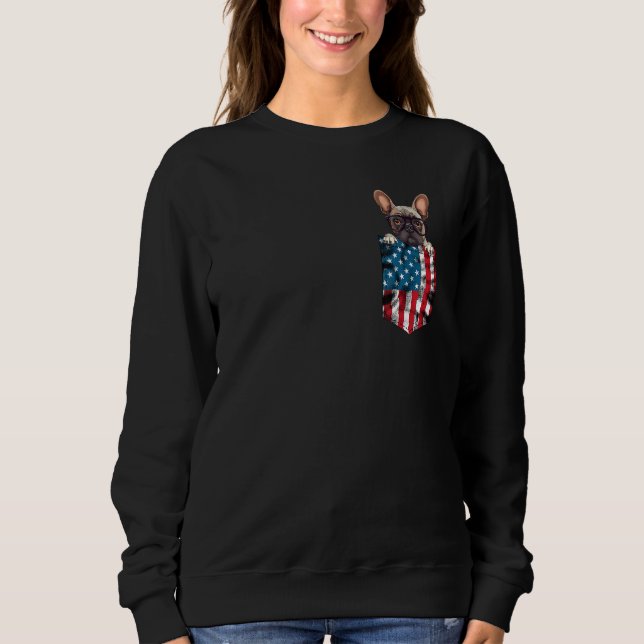 French Bulldog Pocket 4th of July American Flag Pa Sweatshirt (Front)