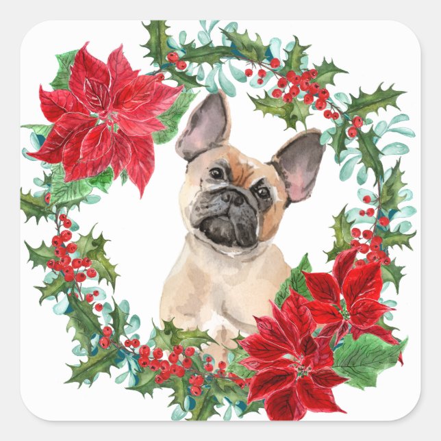 French Bulldog Poinsettia Christmas Wreath Square Sticker (Front)