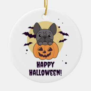 French Bulldog Pumpkin Sweet Dogs Happy Halloween Ceramic Ornament