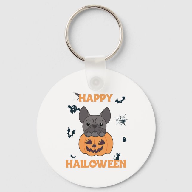 French Bulldog Pumpkin Sweet Dogs Happy Halloween Key Ring (Front)