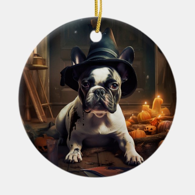 French Bulldog Pumpkins Halloween Scary Ceramic Ornament (Front)