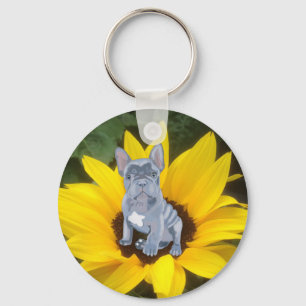 French Bulldog Puppy and Sunflower  Key Ring