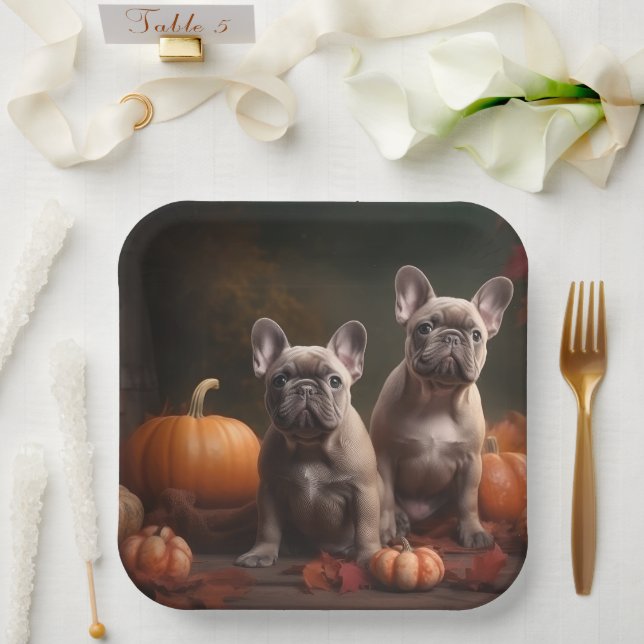 French Bulldog Puppy Autumn Delight Pumpkin Paper Plate (Wedding)