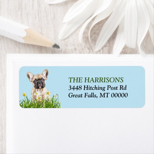 French Bulldog Puppy Daffodil Garden Return Address Label (Insitu)