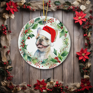 French Bulldog Puppy Holly Wreath Christmas Ceramic Ornament