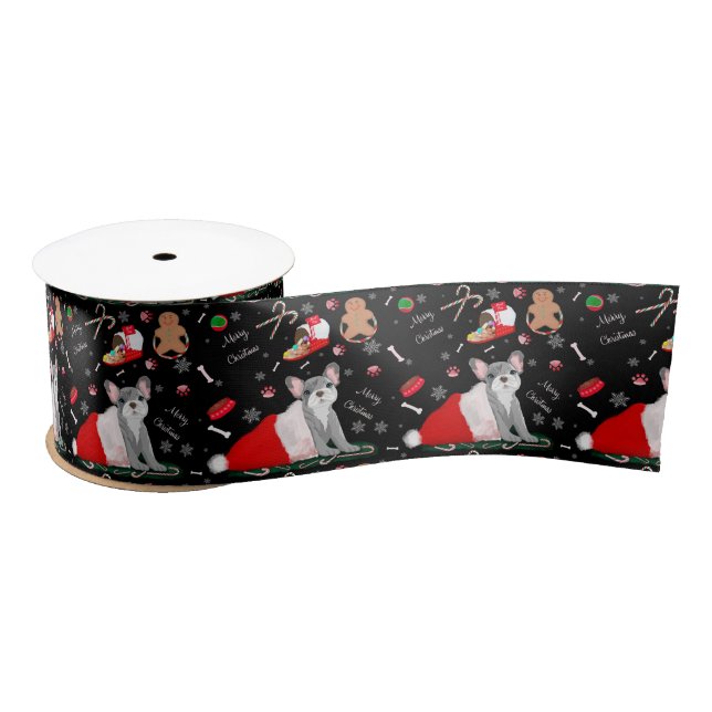 French Bulldog Puppy In Santa’s Hat Pattern Satin Ribbon (Spool)