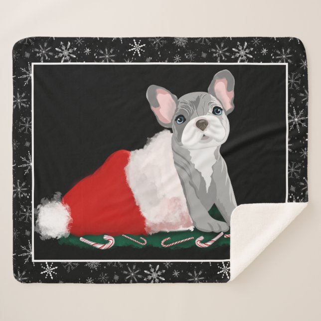 French Bulldog Puppy In Santa’s Hat Sherpa Blanket (Front (Horizontal))