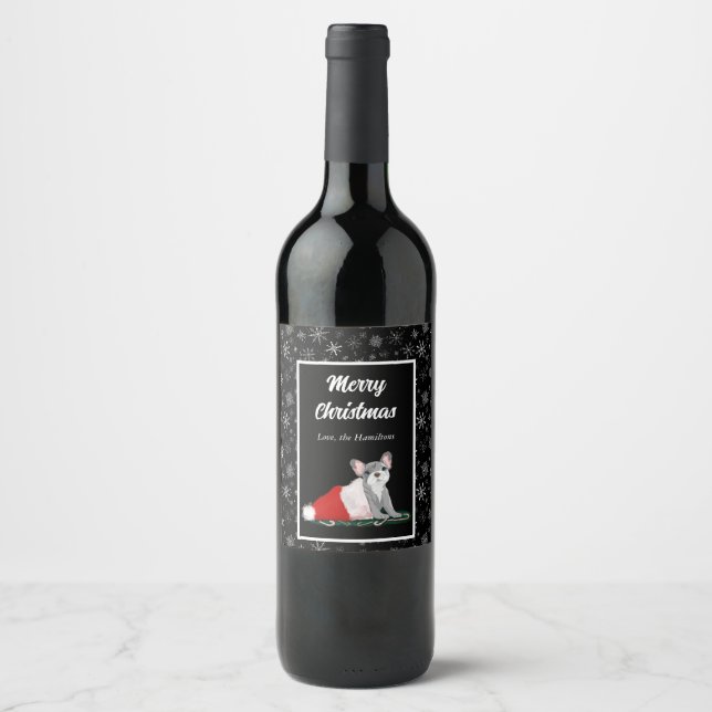 French Bulldog Puppy In Santa’s Hat  Wine Label (Front)