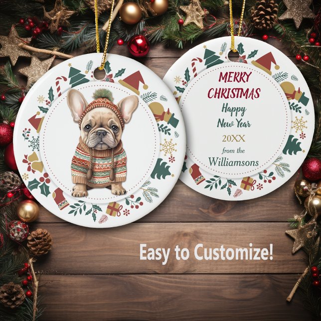 French Bulldog Puppy in Winter Sweater Christmas Ceramic Ornament (Creator Uploaded)