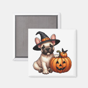 French Bulldog Puppy in Witch Hat with Pumpkin  Magnet