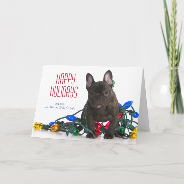 French Bulldog Puppy Tangled In Lights Holiday Card (Front)