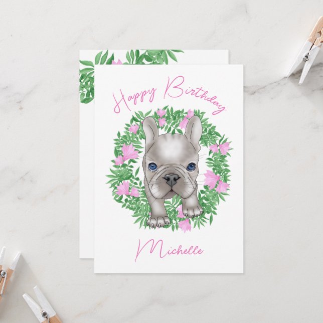 French bulldog puppy with flower wreath invitation (Front/Back In Situ)