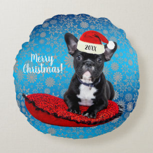French Bulldog Puppy with Santa Hat Christmas Round Cushion