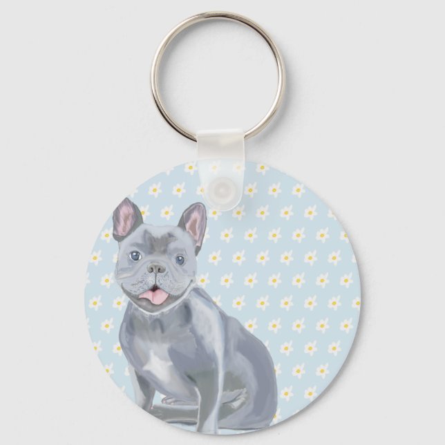 French Bulldog Puppy with white flowers Key Ring (Front)