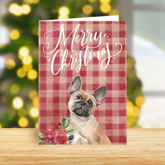 French Bulldog Red Plaid Christmas Holiday Card (Creator Uploaded)