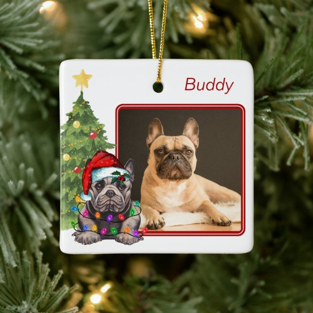 French Bulldog Red White Two Photo Dog Christmas Ceramic Ornament (Tree)