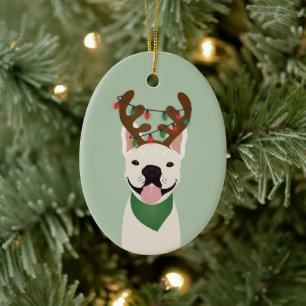 French Bulldog Reindeer Christmas Lights Ceramic O Ornament