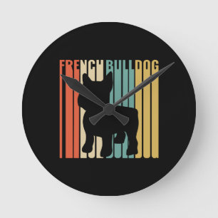 French Bulldog Retro 1970s Dog Silhouette Frenchie Round Clock