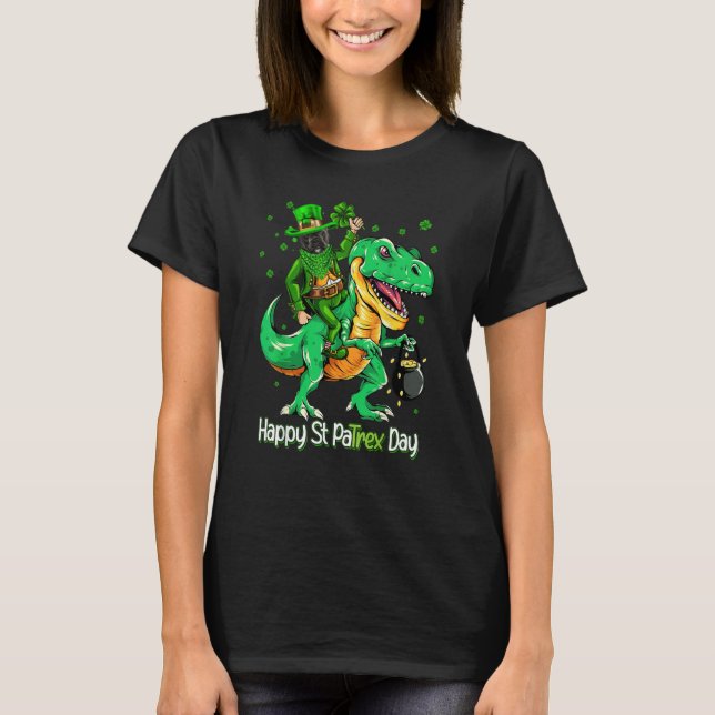 French Bulldog Riding Dinosaur Patricks Day Shamro T-Shirt (Front)
