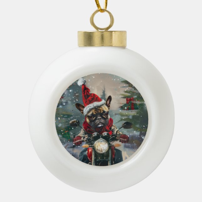 French Bulldog Riding Motorcycle Christmas Ceramic Ball Christmas Ornament (Front)