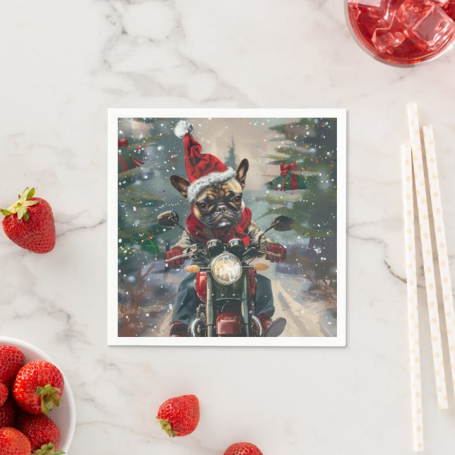 French Bulldog Riding Motorcycle Christmas Napkin (Insitu)