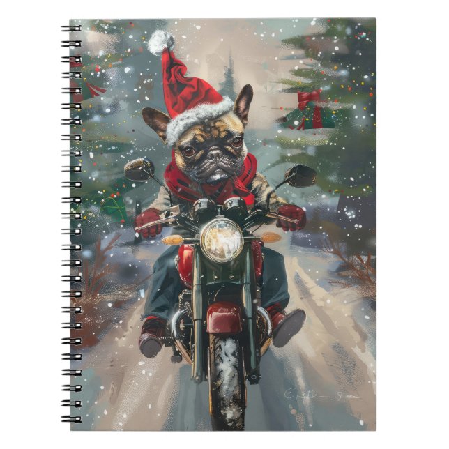 French Bulldog Riding Motorcycle Christmas Notebook (Front)