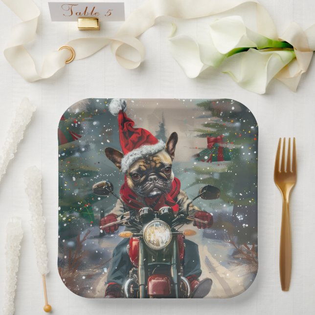 French Bulldog Riding Motorcycle Christmas Paper Plate (Wedding)