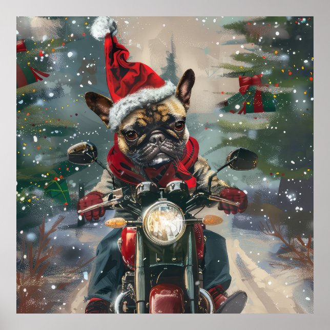 French Bulldog Riding Motorcycle Christmas Poster (Front)