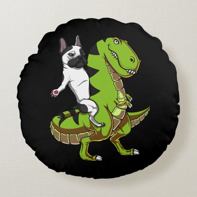 French Bulldog Riding T-Rex Dinosaur Funny Dog Round Cushion (Front)