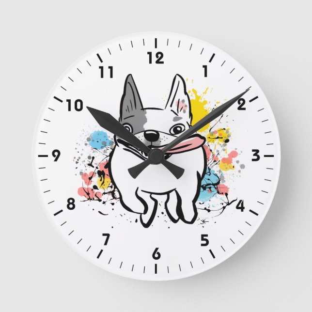 French Bulldog Running Dog with Paint Splashes Round Clock (Front)