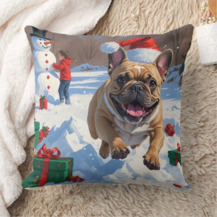 French Bulldog Running in Snow with Christmas Hat Cushion