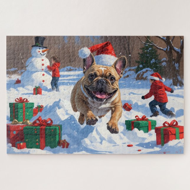 French Bulldog Running in Snow with Christmas Hat Jigsaw Puzzle (Horizontal)