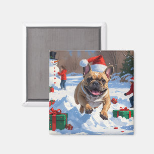 French Bulldog Running in Snow with Christmas Hat Magnet