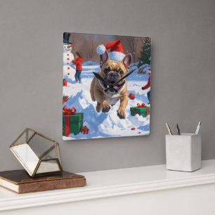 French Bulldog Running in Snow with Christmas Hat Square Wall Clock