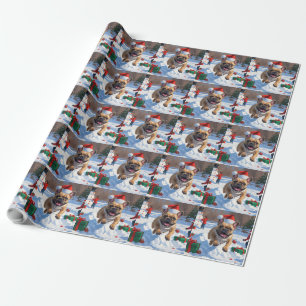 French Bulldog Running in Snow with Christmas Hat Wrapping Paper