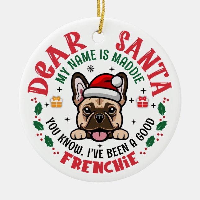 French Bulldog Santa Christmas Custom Name Ceramic Ornament (Front)