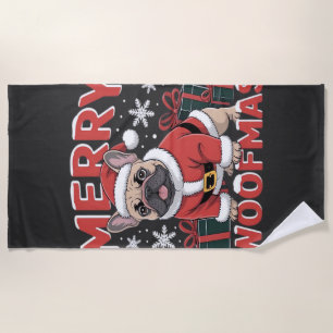 French Bulldog Santa Claus Hat Merry Christmas Dog Beach Towel