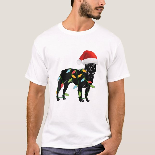 French Bulldog Santa Hat Christmas Tree Lights Xma T-Shirt (Front)