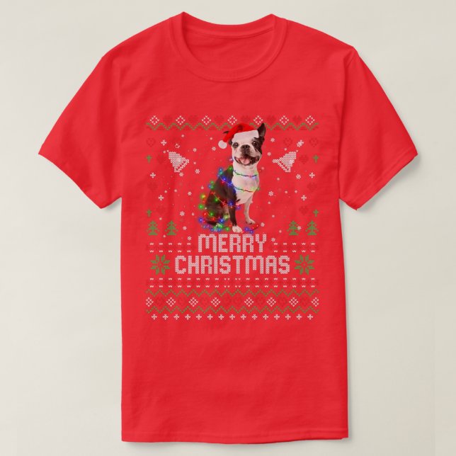 French Bulldog Santa Hat Dog Christmas Tree Lights T-Shirt (Design Front)