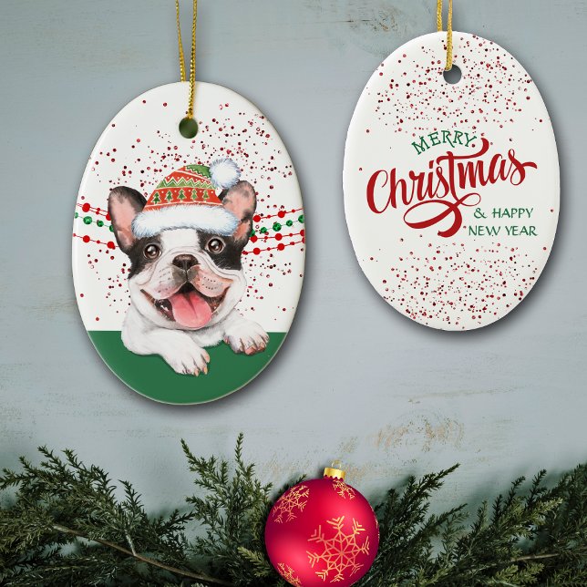 French Bulldog Santa Hat Red Confetti Ceramic Ornament (Creator Uploaded)