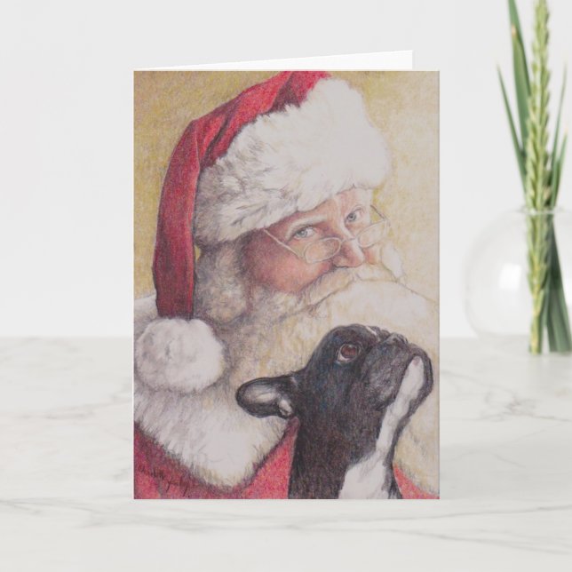 French Bulldog & SantaClaus Dog Art Christmas Card (Front)