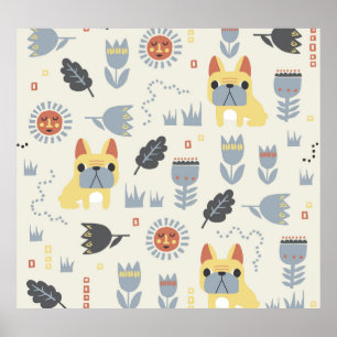French Bulldog: Scandinavian Floral Repeat. Poster