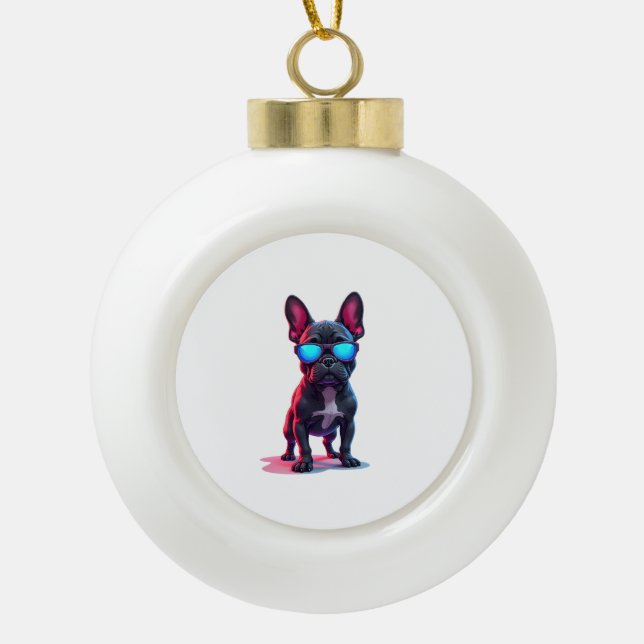 French Bulldog SciFi Wearing Cool Sunglasses Ceramic Ball Christmas Ornament (Front)