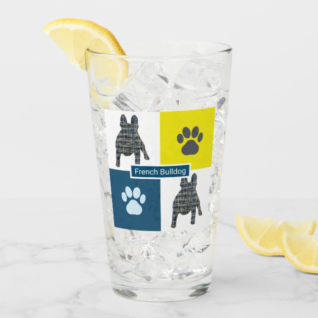 French Bulldog Silhouette Dog & Paw Y&B Grid Glass (Front Ice)