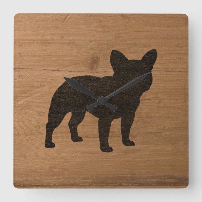 French Bulldog Silhouette | Faux Wood Frenchie Dog Square Wall Clock (Front)