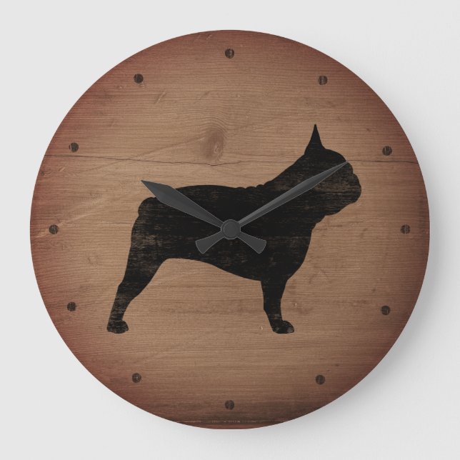 French Bulldog Silhouette Faux Wood Rustic Style Large Clock (Front)