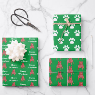 French Bulldog Silhouette Green Merry Woofmas Wrapping Paper Sheet