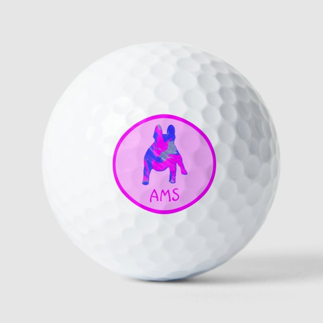 French Bulldog Silhouette Hot Pink & Blue Golf Balls (Front)