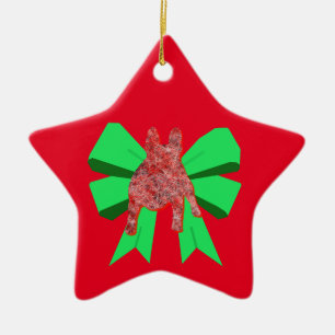 French Bulldog Silhouette Red& Green Bow Christmas Ceramic Ornament