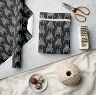 French Bulldog Silhouette Y&B Grid Black Wrapping Paper